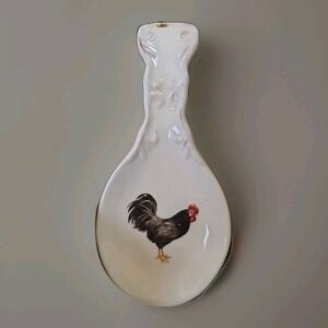 Cracker Barrel Black Rooster Ceramic Spoon Rest Antique White Farmhouse Cottage